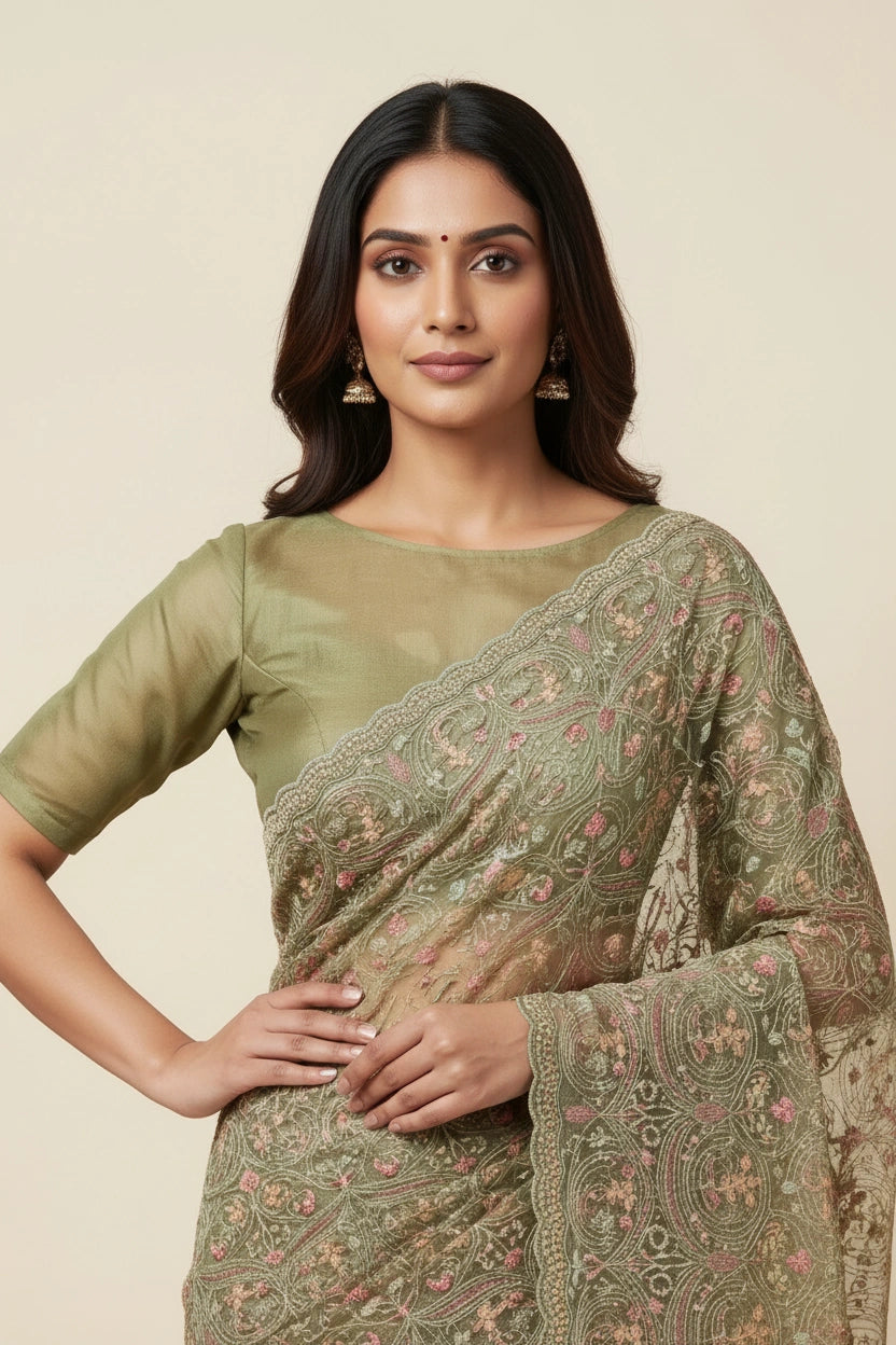 Designer Georgette Chiffon Embroidered Saree - Onion Pink | Rangoli