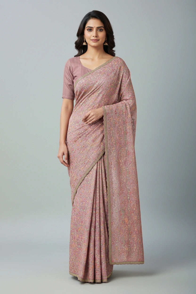 Designer Georgette Chiffon Embroidered Saree - Mauve | Rangoli