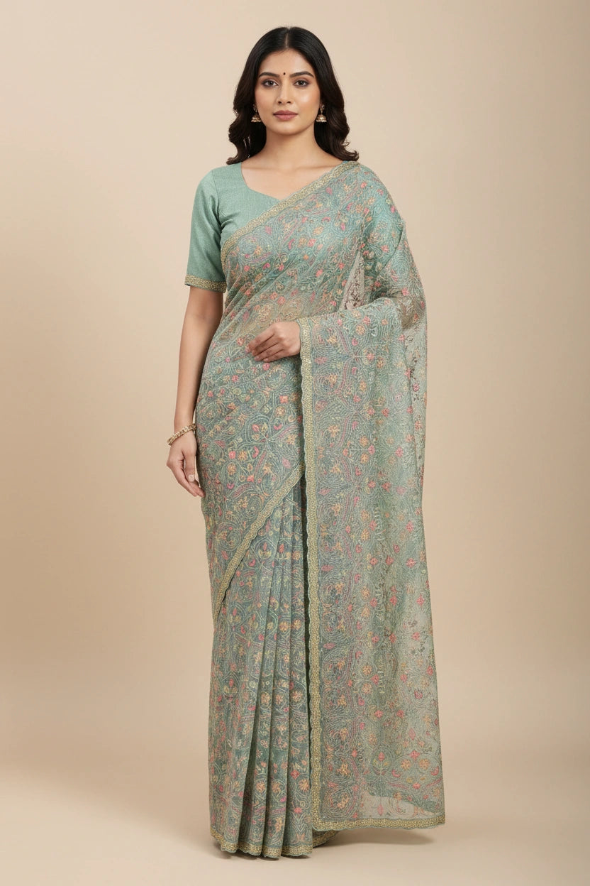 Embroidered Chiffon Saree with Airy Floral Allover Design - View 7 | Rangoli