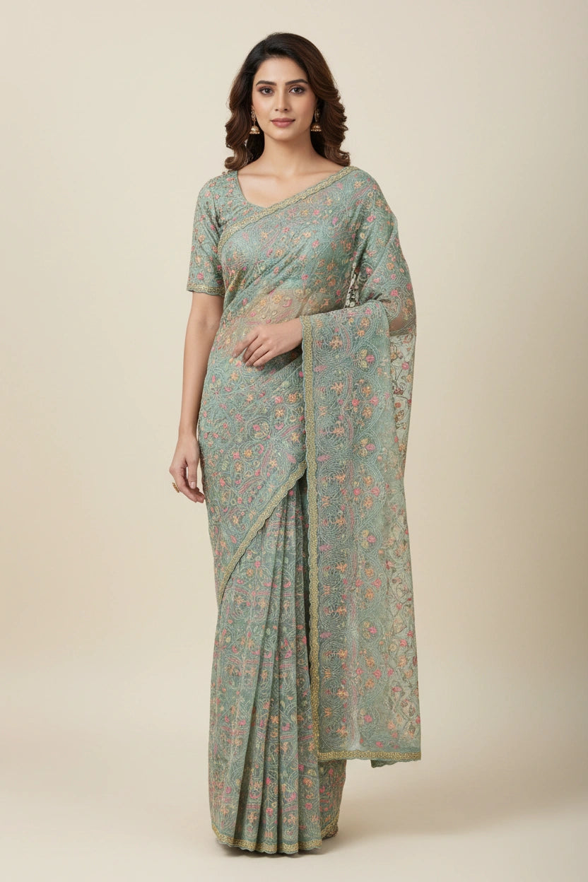 Embroidered Chiffon Saree with Airy Floral Allover Design - View 8 | Rangoli