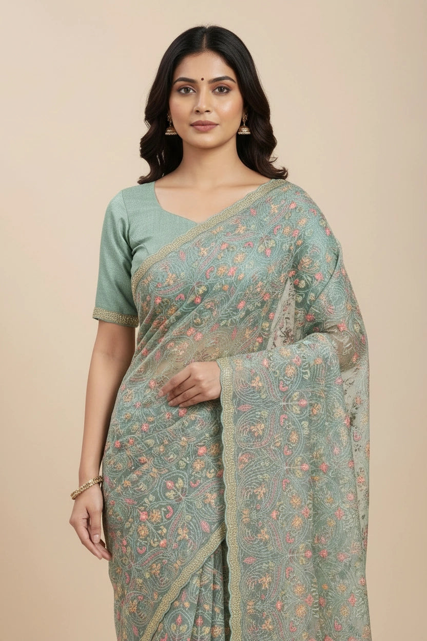 Embroidered Chiffon Saree with Airy Floral Allover Design - View 9 | Rangoli