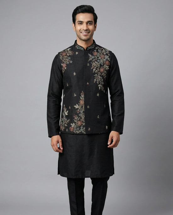 Black Raw Silk Kurta Bandi Set - Rangoli India