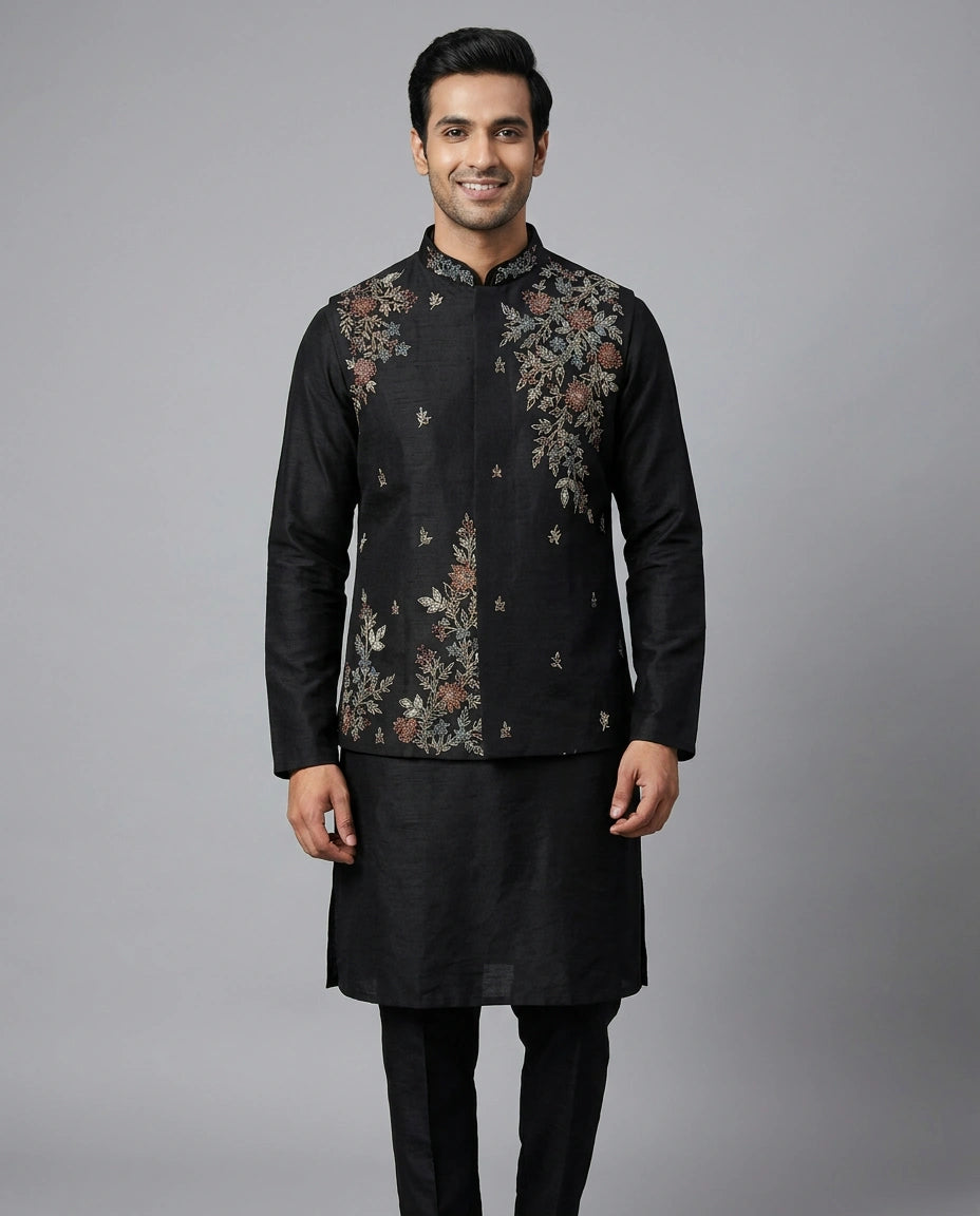 Black Raw Silk Kurta Bandi Set - Rangoli India