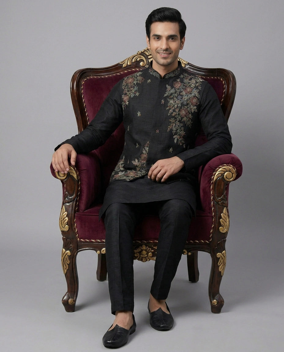Black Raw Silk Kurta Bandi Set - Rangoli India
