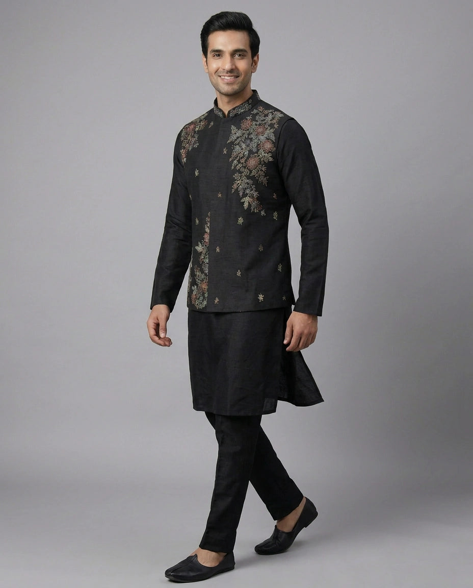 Black Raw Silk Kurta Bandi Set - Rangoli India