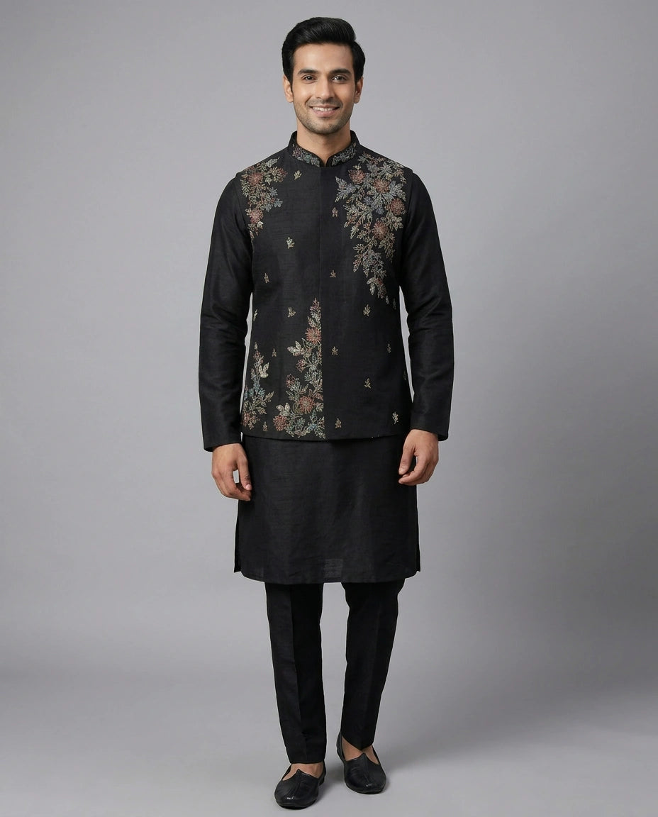 Black Raw Silk Kurta Bandi Set - Rangoli India