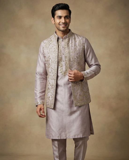 Mauve Tussar Silk Kurta Bandi Set - Rangoli India