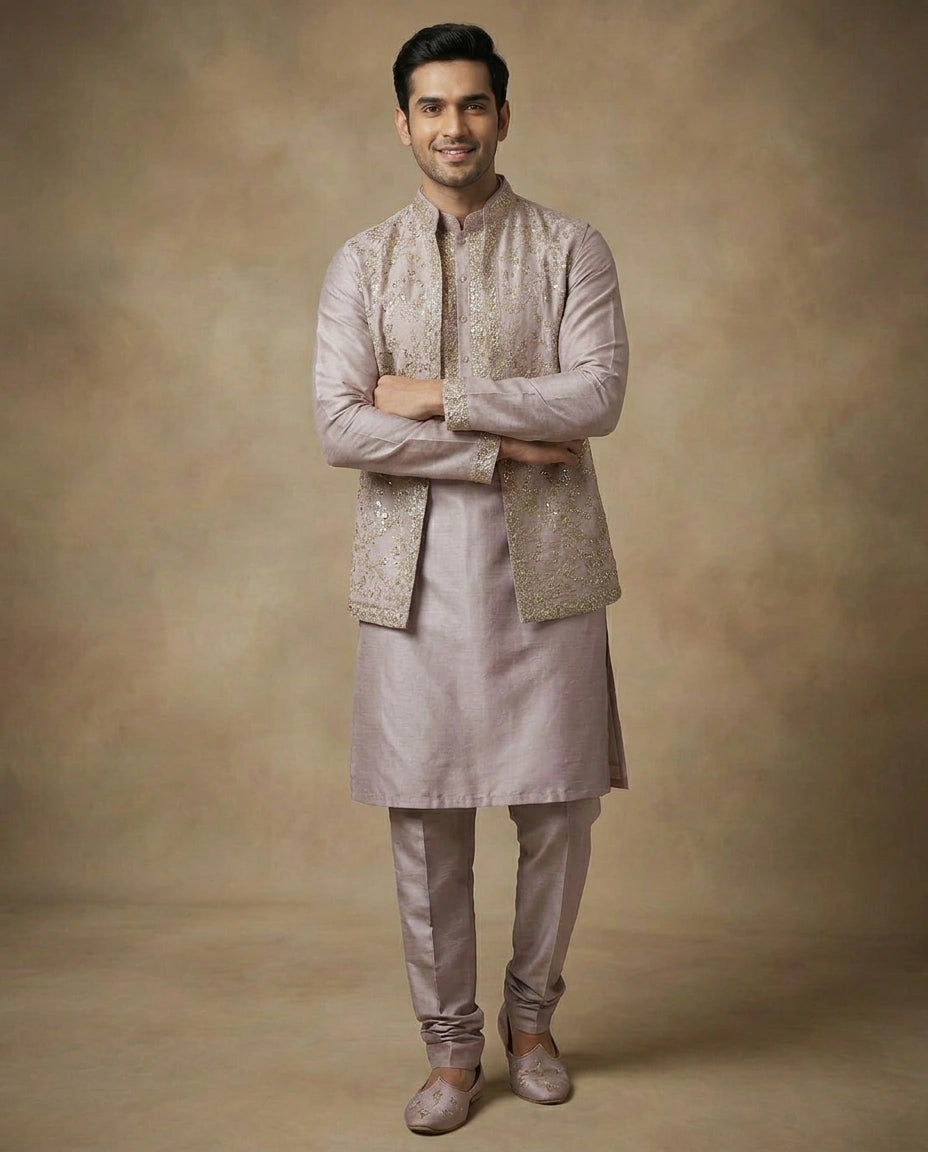 Mauve Tussar Silk Kurta Bandi Set - Rangoli India