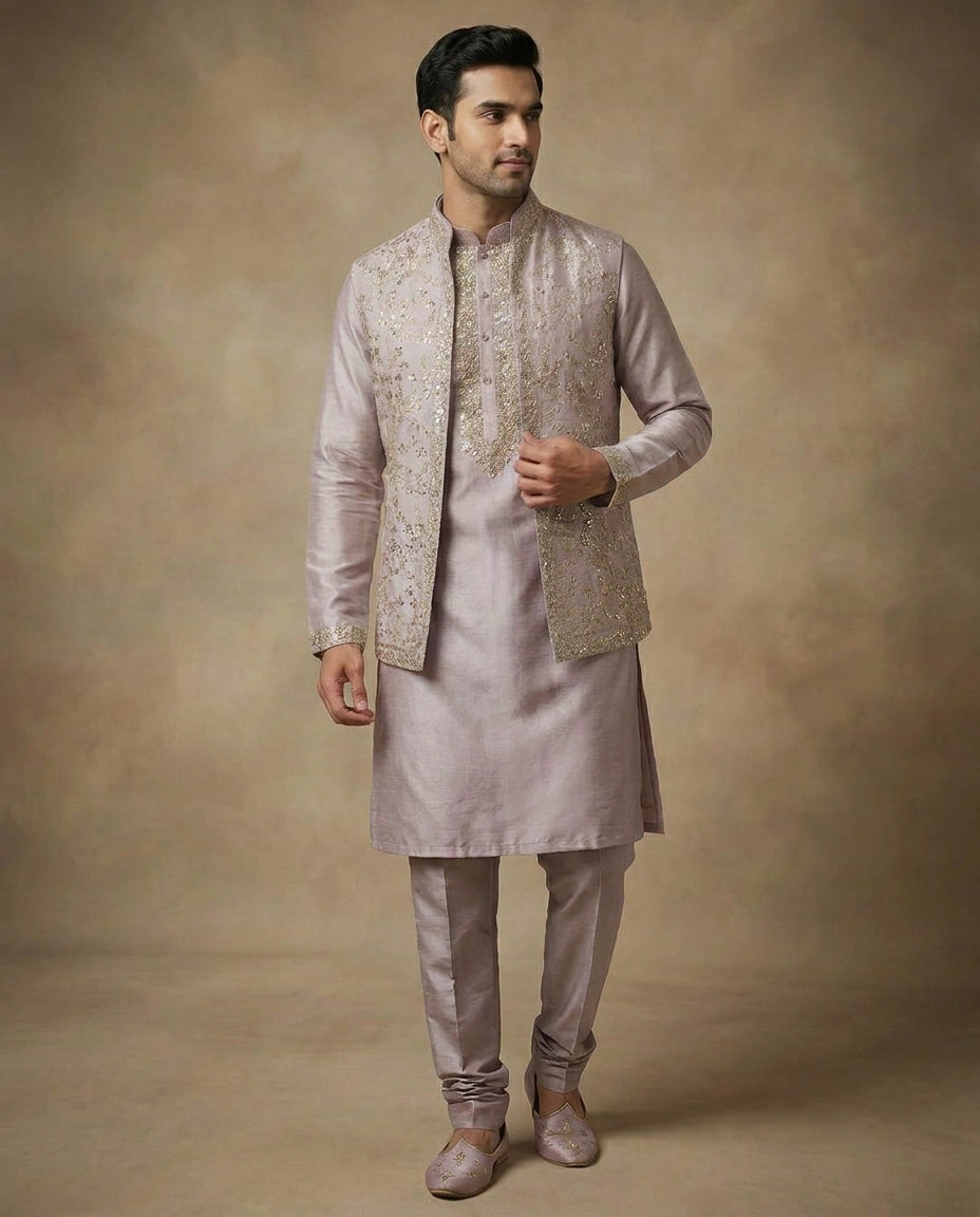 Mauve Tussar Silk Kurta Bandi Set - Rangoli India