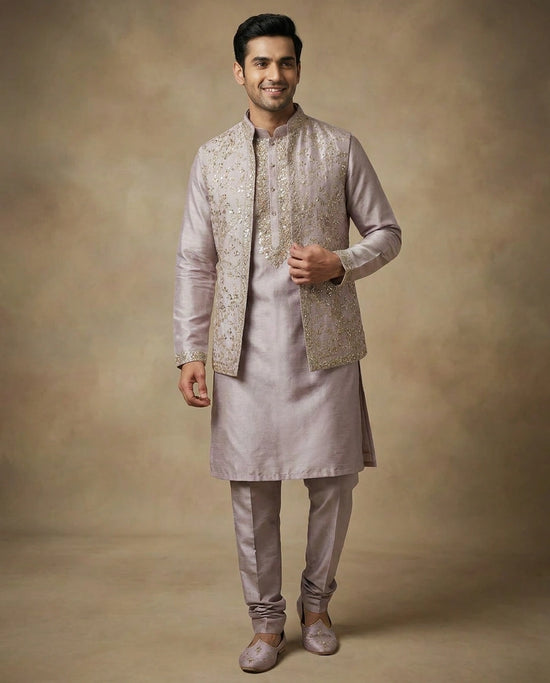 Mauve Tussar Silk Kurta Bandi Set - Rangoli India