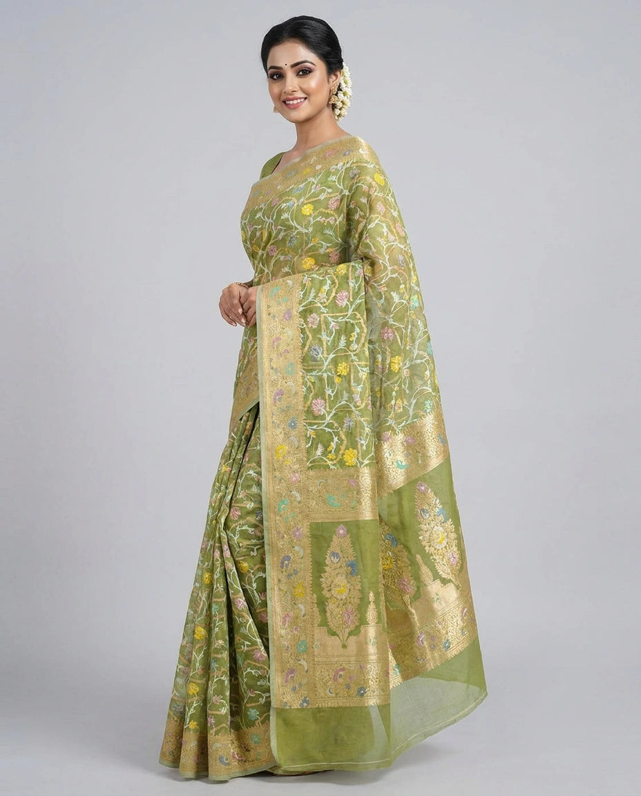 Cotton Banarasi Saree with Woven Border - Rangoli India