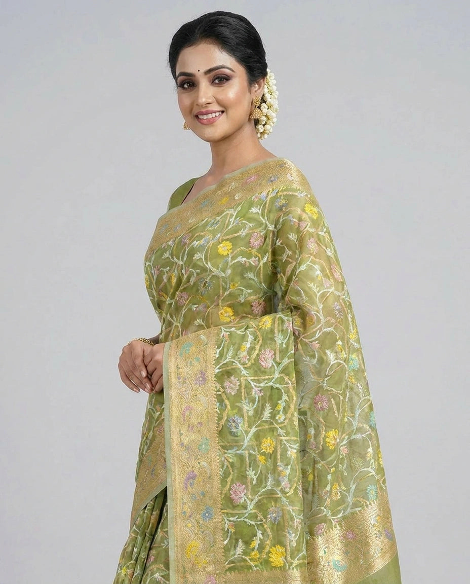Cotton Banarasi Saree with Woven Border - Rangoli India