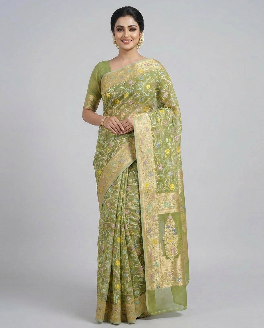 Cotton Banarasi Saree with Woven Border - Rangoli India