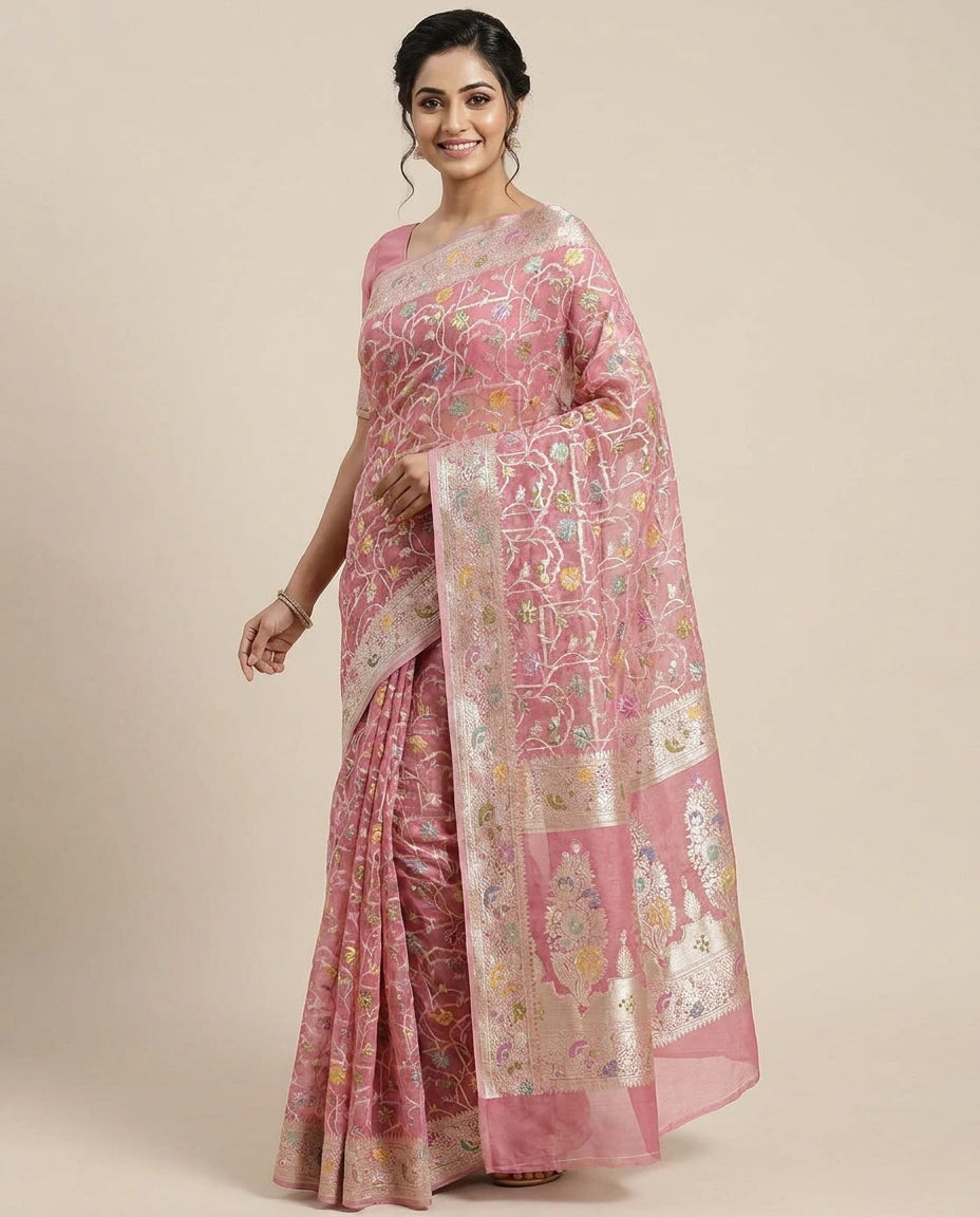 Cotton Banarasi Saree with Woven Border - Rangoli India