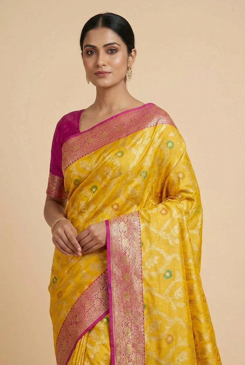 Woman wearing a yellow saree with pink border on a beige background