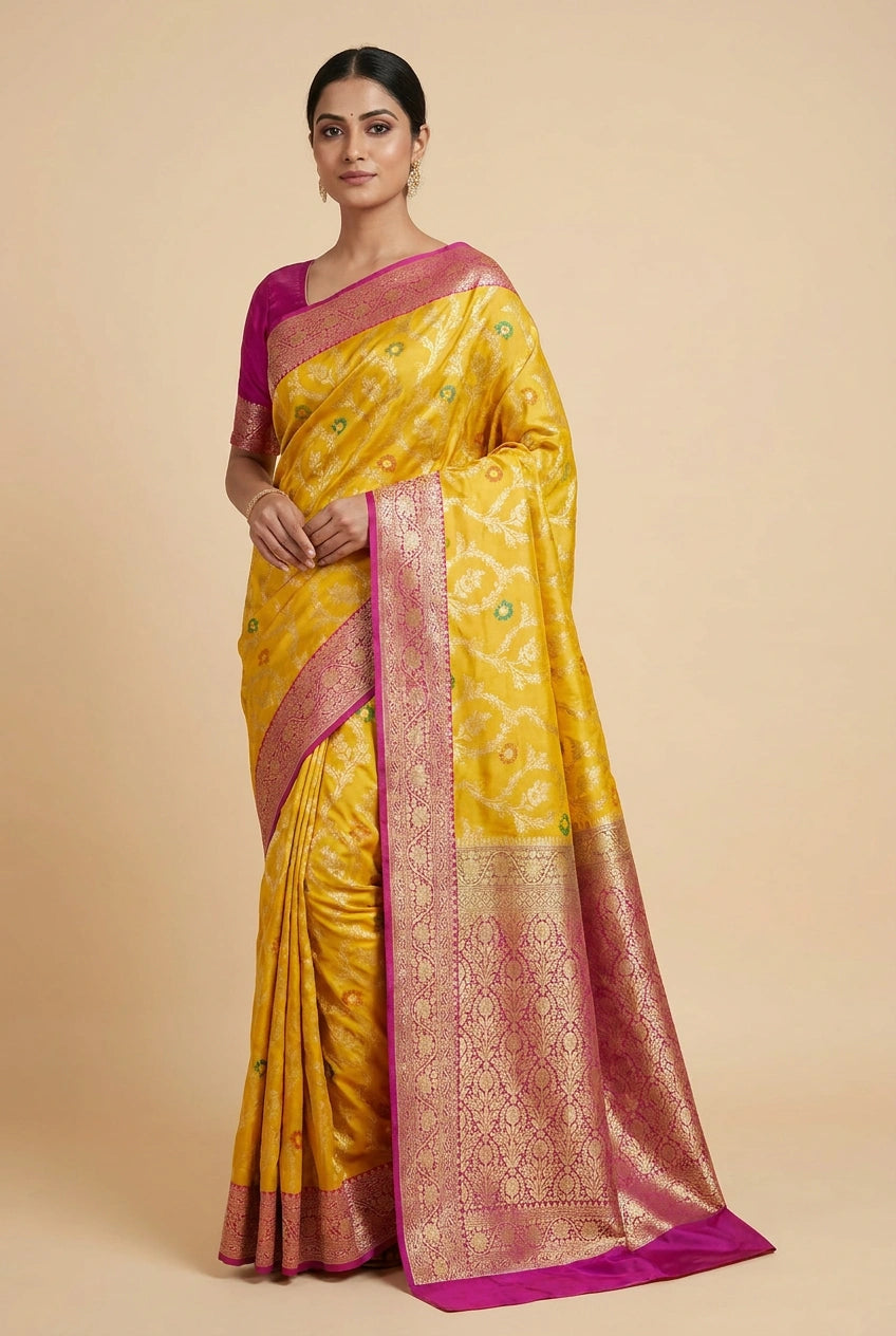 Woman wearing a yellow saree with pink border on a beige background