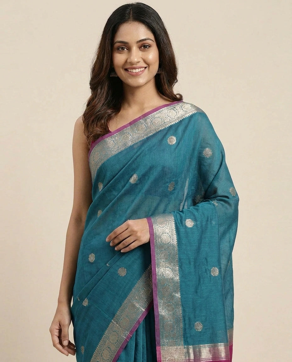 Cotton Banarasi Saree with Woven Border - Rangoli India