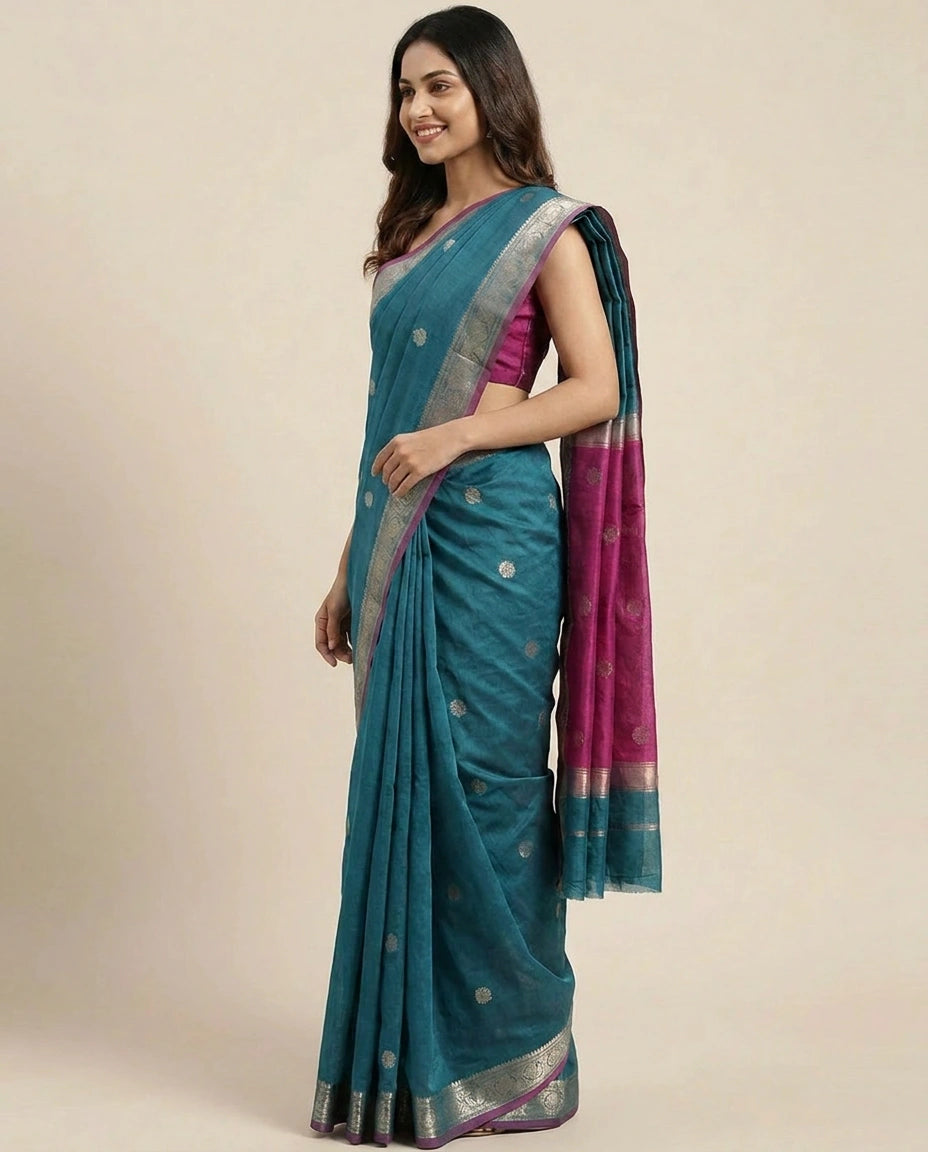 Cotton Banarasi Saree with Woven Border - Rangoli India
