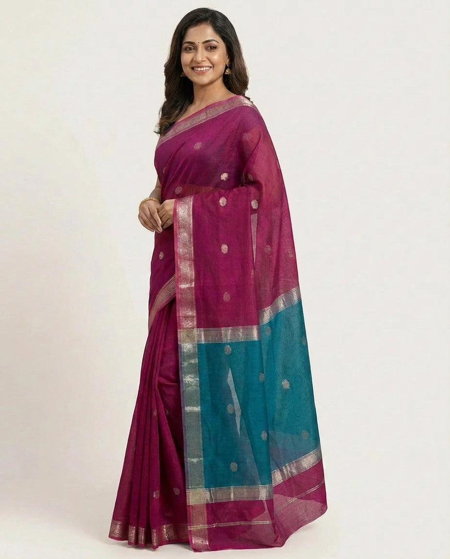 Cotton Banarasi Saree with Woven Border - Rangoli India