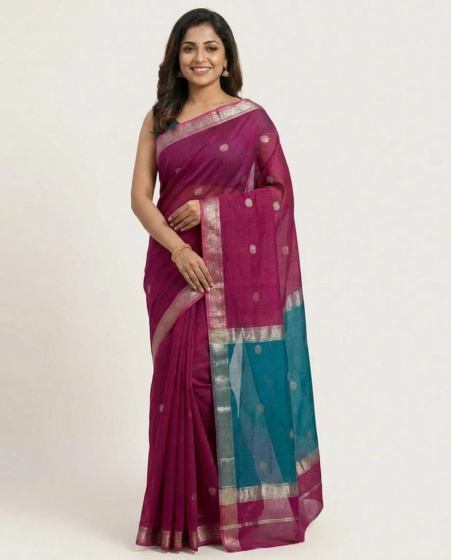 Cotton Banarasi Saree with Woven Border - Rangoli India