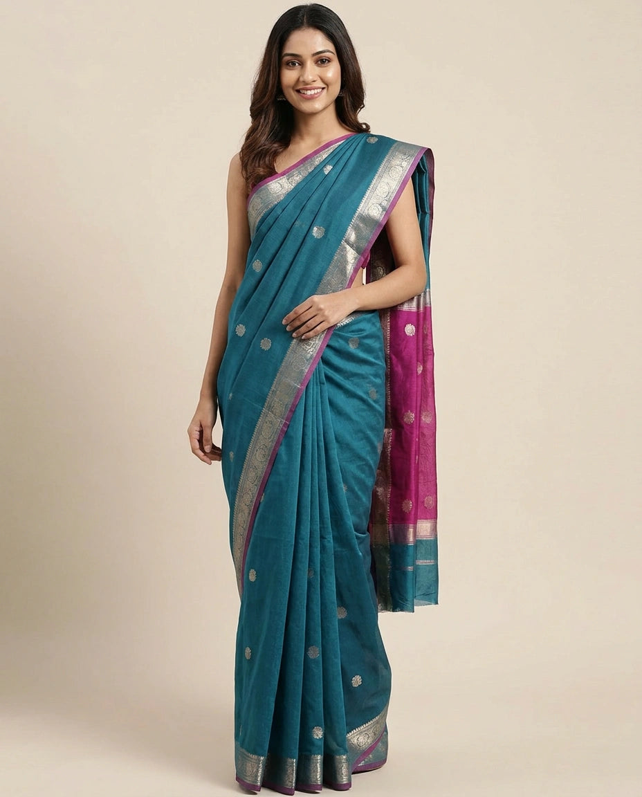 Cotton Banarasi Saree with Woven Border - Rangoli India