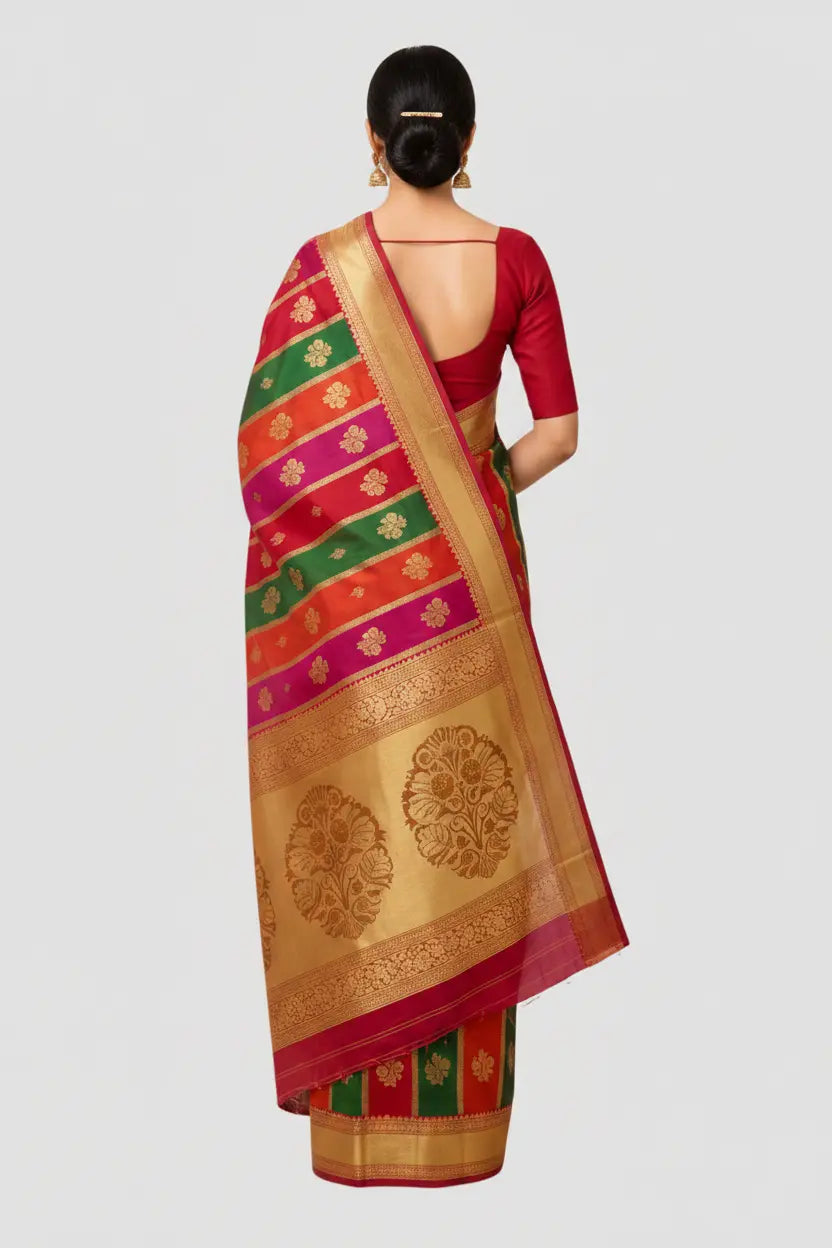 Woman wearing a colorful saree with a plain background