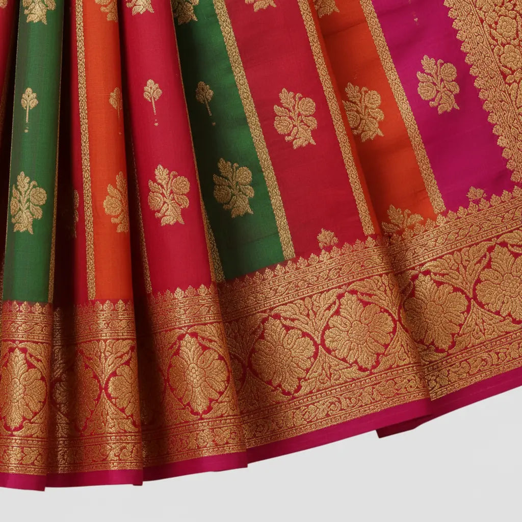 Colorful saree with gold patterns on a white background