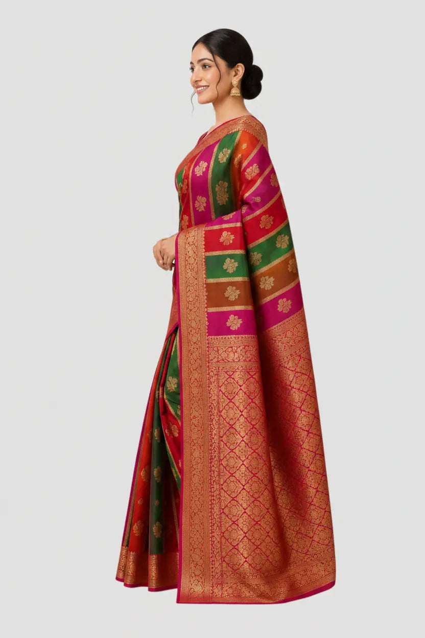 Woman wearing a traditional saree with a colorful pattern on a white background