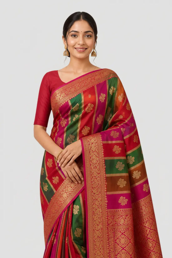 Mauve Banarasi Silk Katan Saree with Multicolour Stripe and Zari Buti - Rangoli India