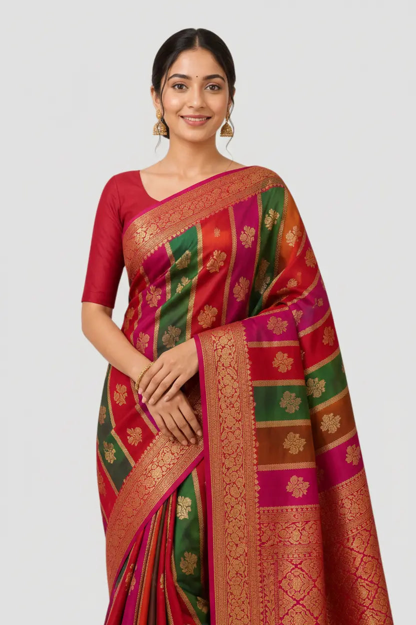 Woman wearing a colorful saree with a white background