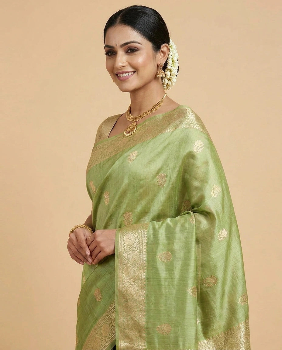 Tussar Silk Banarasi Saree with Floral Embroidery - Rangoli India