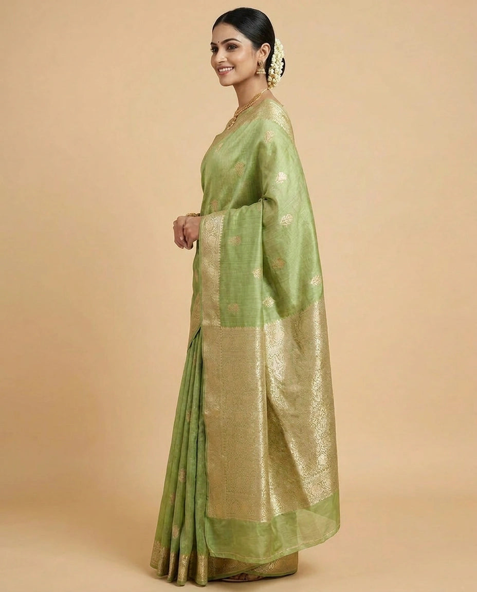 Tussar Silk Banarasi Saree with Floral Embroidery - Rangoli India