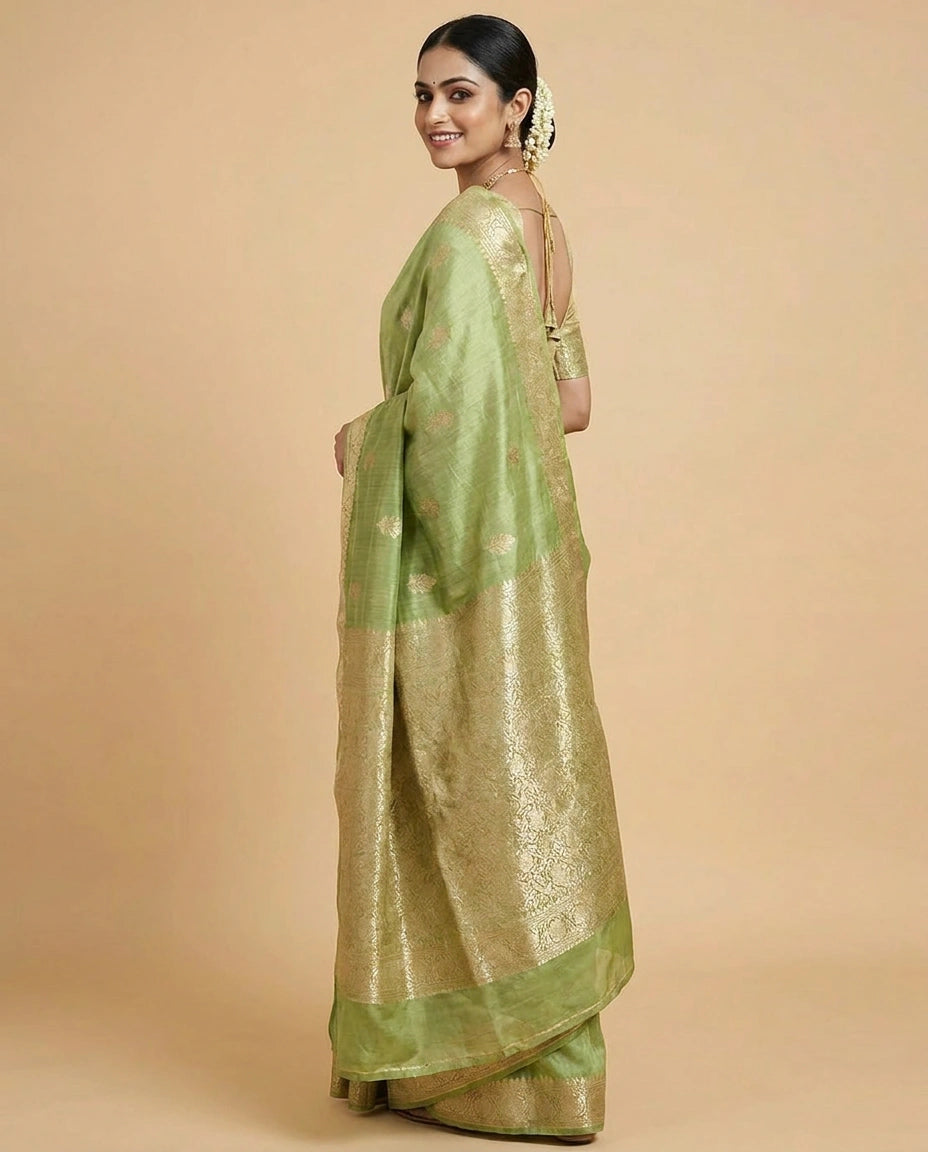 Tussar Silk Banarasi Saree with Floral Embroidery - Rangoli India