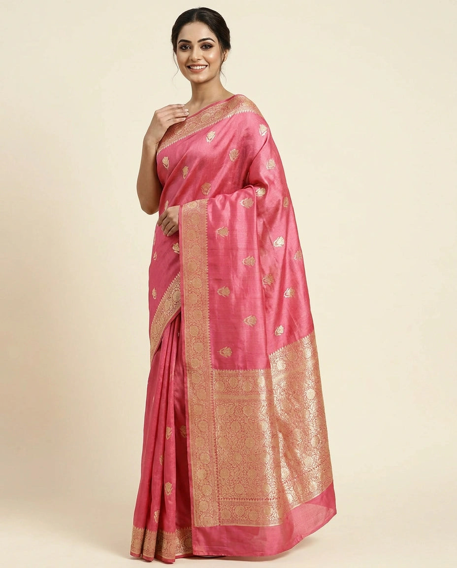 Tussar Silk Banarasi Saree with Floral Embroidery - Rangoli India