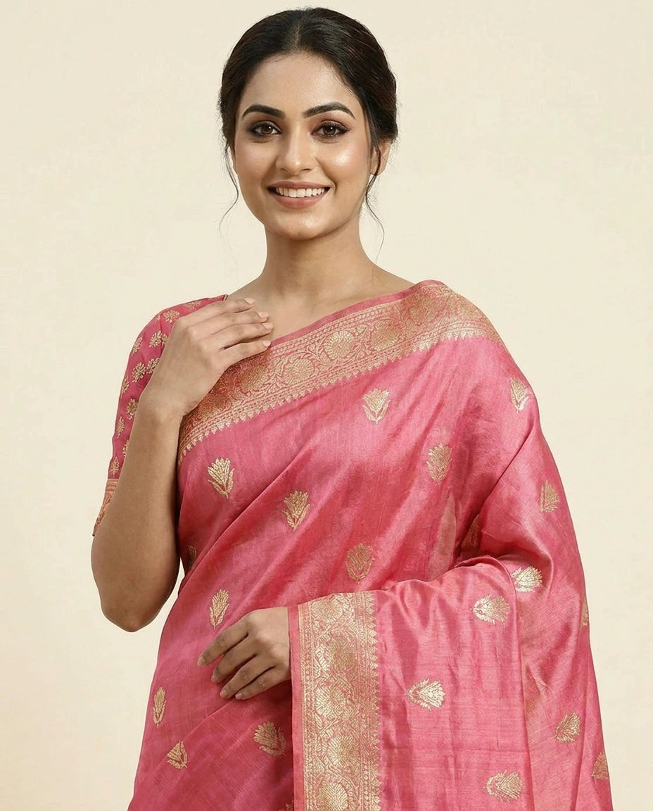 Tussar Silk Banarasi Saree with Floral Embroidery - Rangoli India