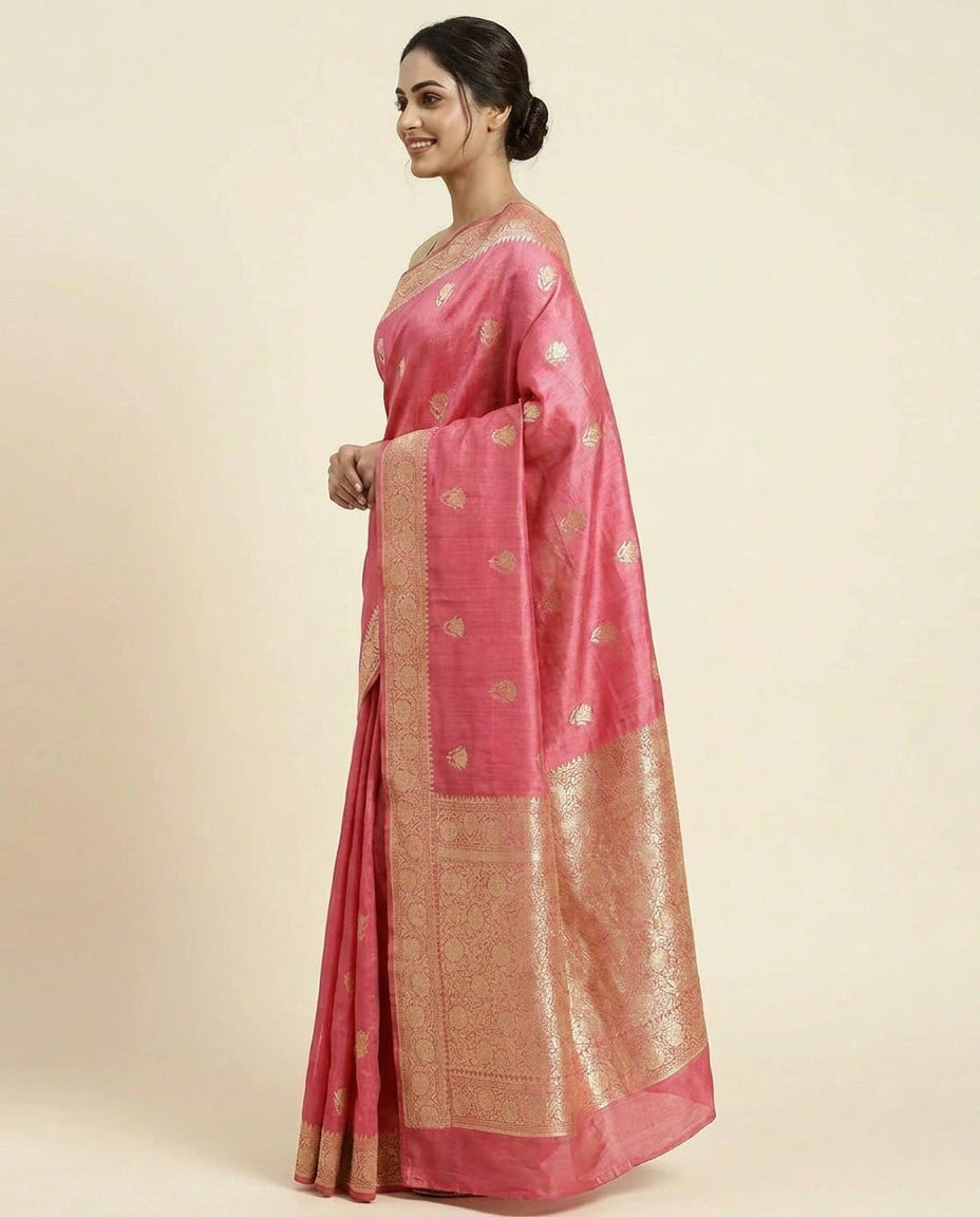 Tussar Silk Banarasi Saree with Floral Embroidery - Rangoli India