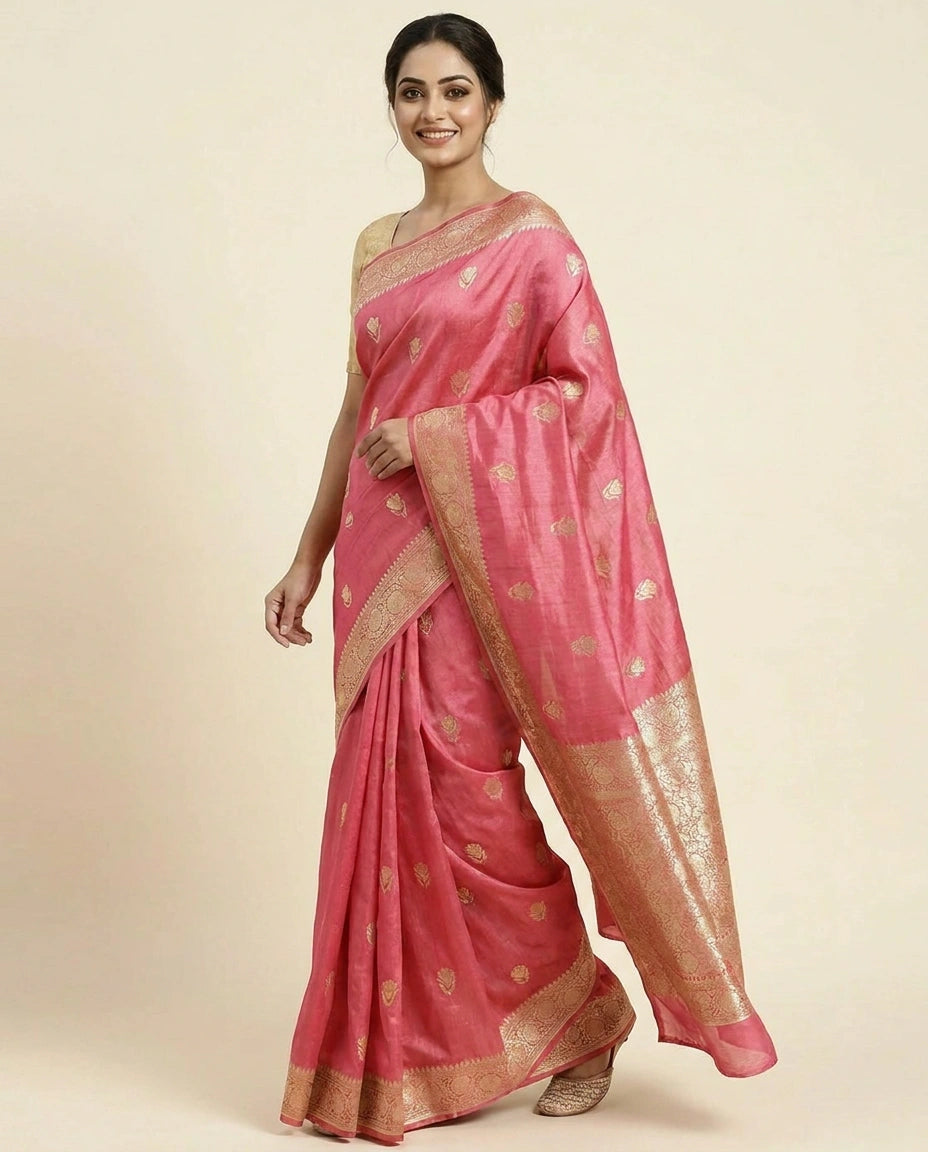 Tussar Silk Banarasi Saree with Floral Embroidery - Rangoli India