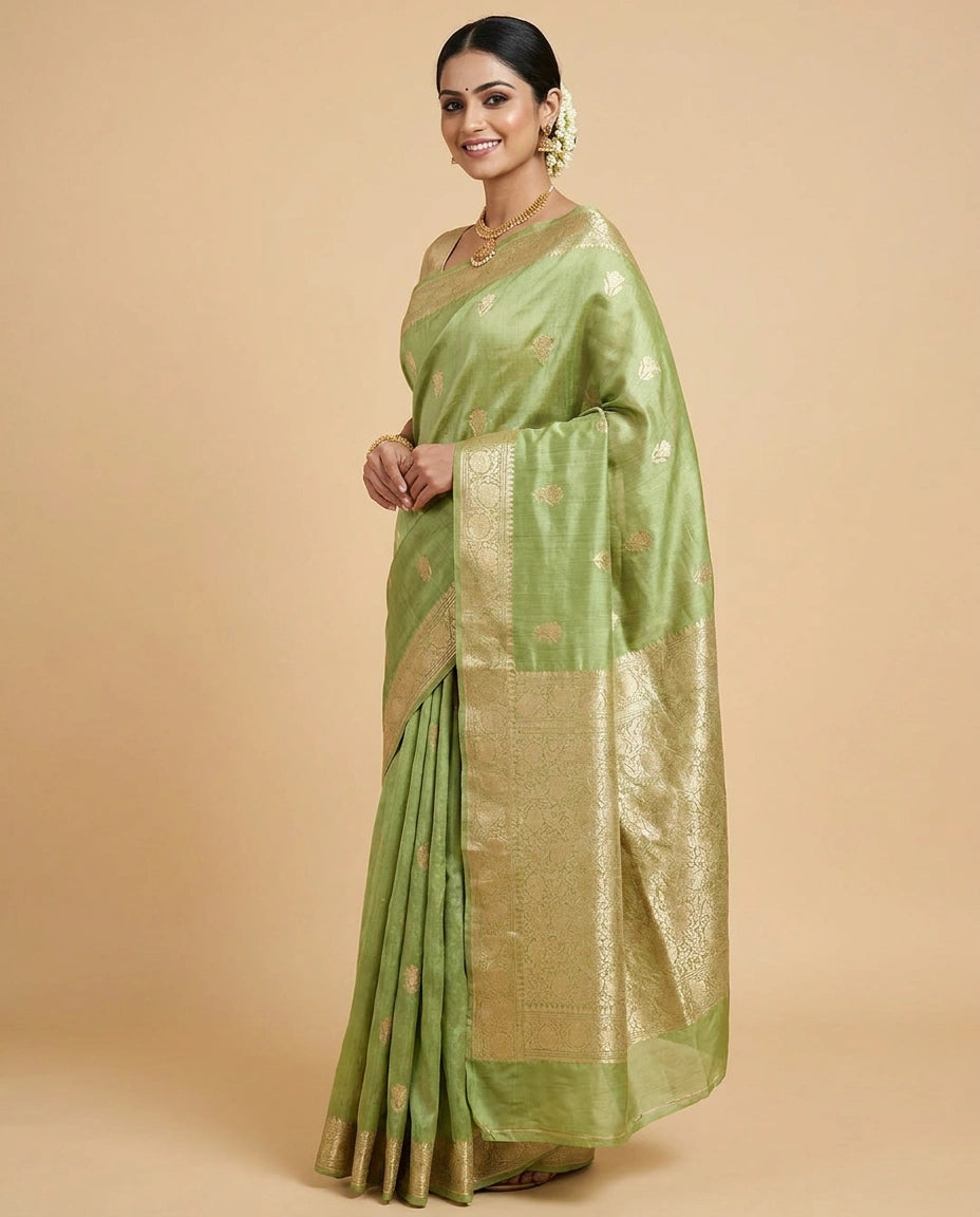 Tussar Silk Banarasi Saree with Floral Embroidery - Rangoli India