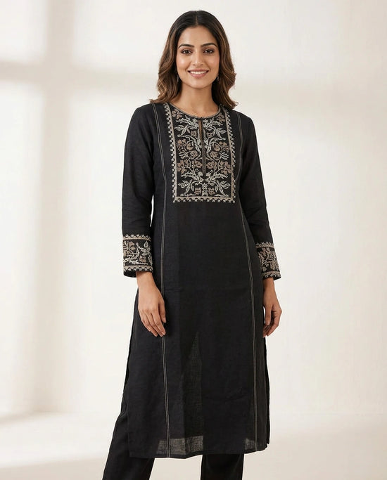 Black Cotton Linen Kurti Set - Rangoli India