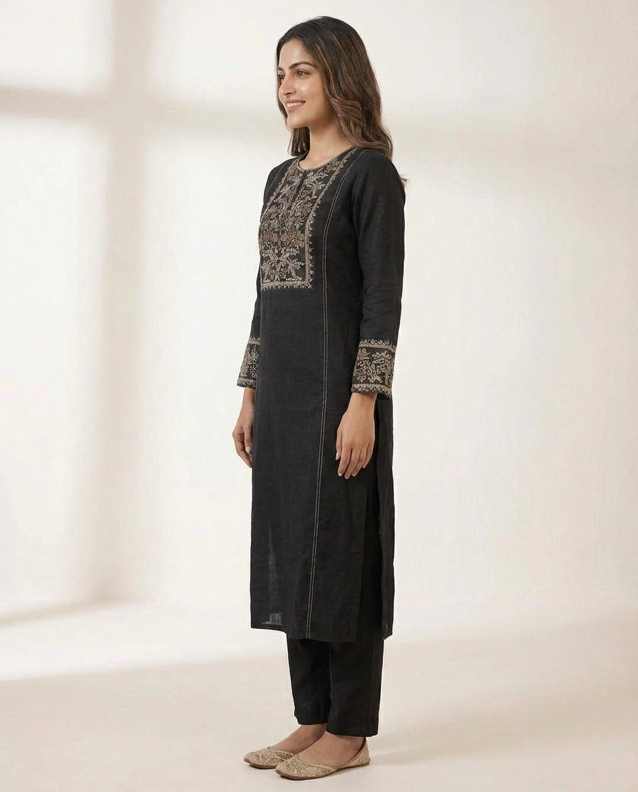 Black Cotton Linen Kurti Set - Rangoli India
