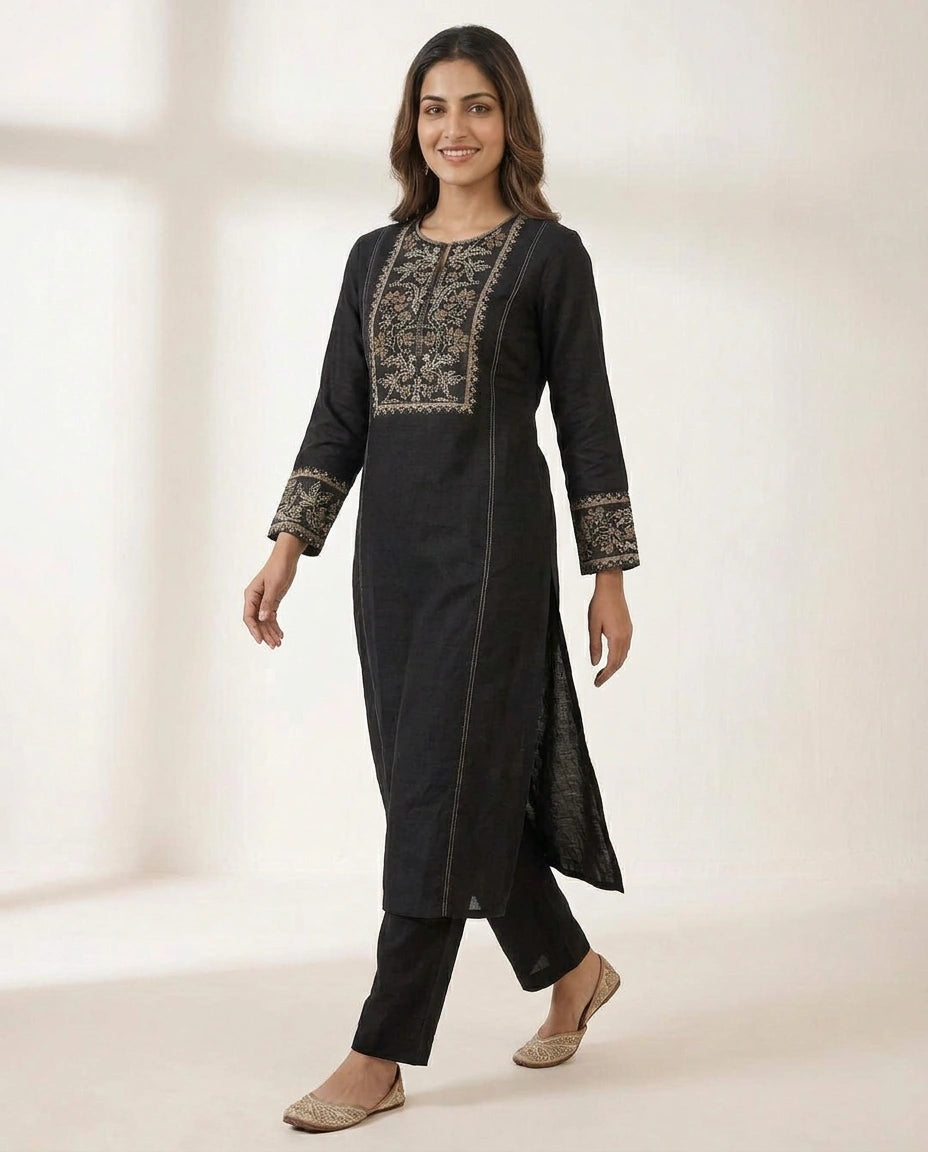 Black Cotton Linen Kurti Set - Rangoli India