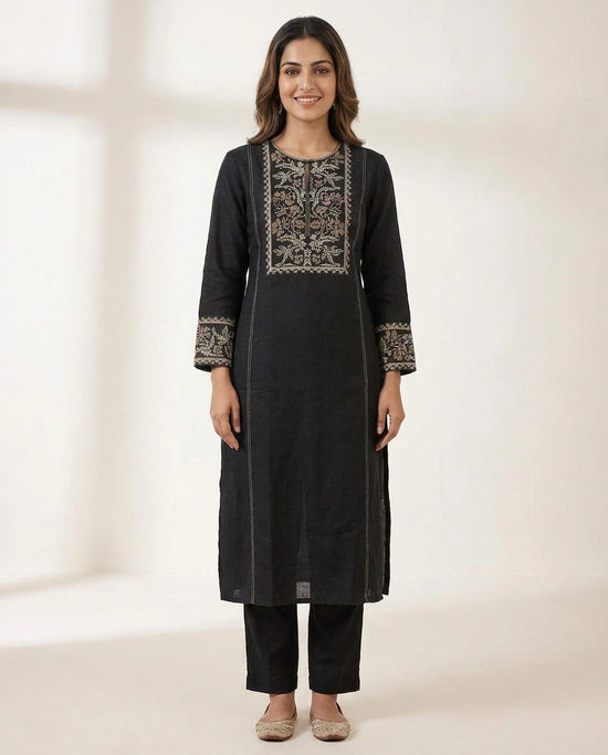 Black Cotton Linen Kurti Set - Rangoli India