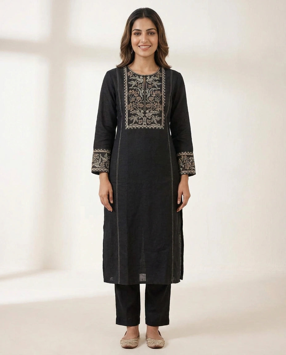 Black Cotton Linen Kurti Set - Rangoli India