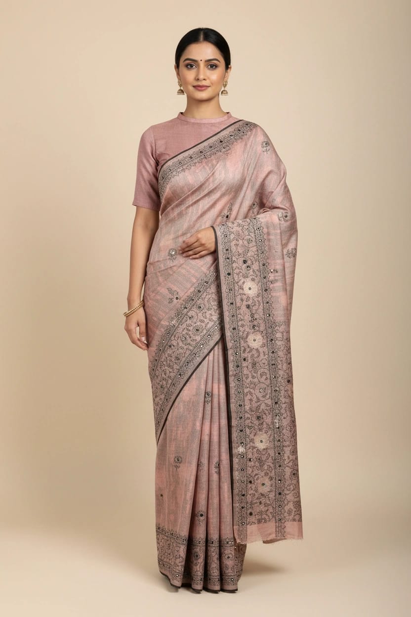 Handcrafted Cotton Linen Embroidery Saree - Rangoli Sarees
