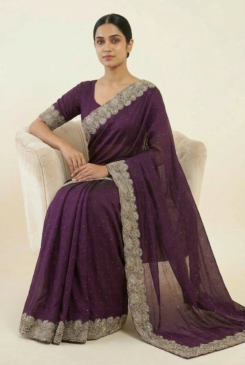 Vichitra Silk Embroidered Saree for Festive Evening