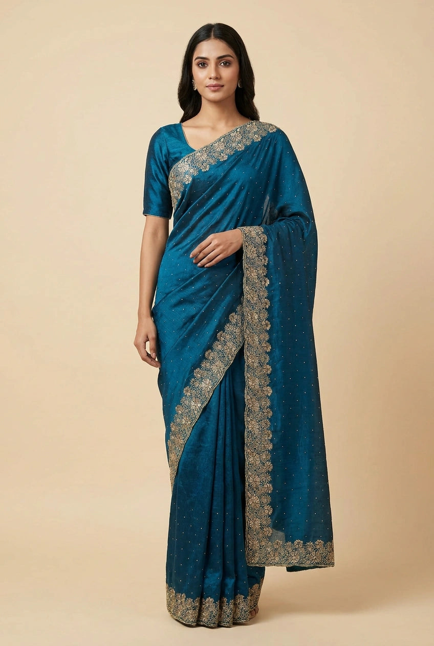 Vichitra Silk Embroidered Saree for Festive Evening