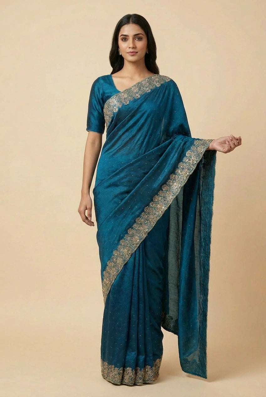 Vichitra Silk Embroidered Saree for Festive Evening