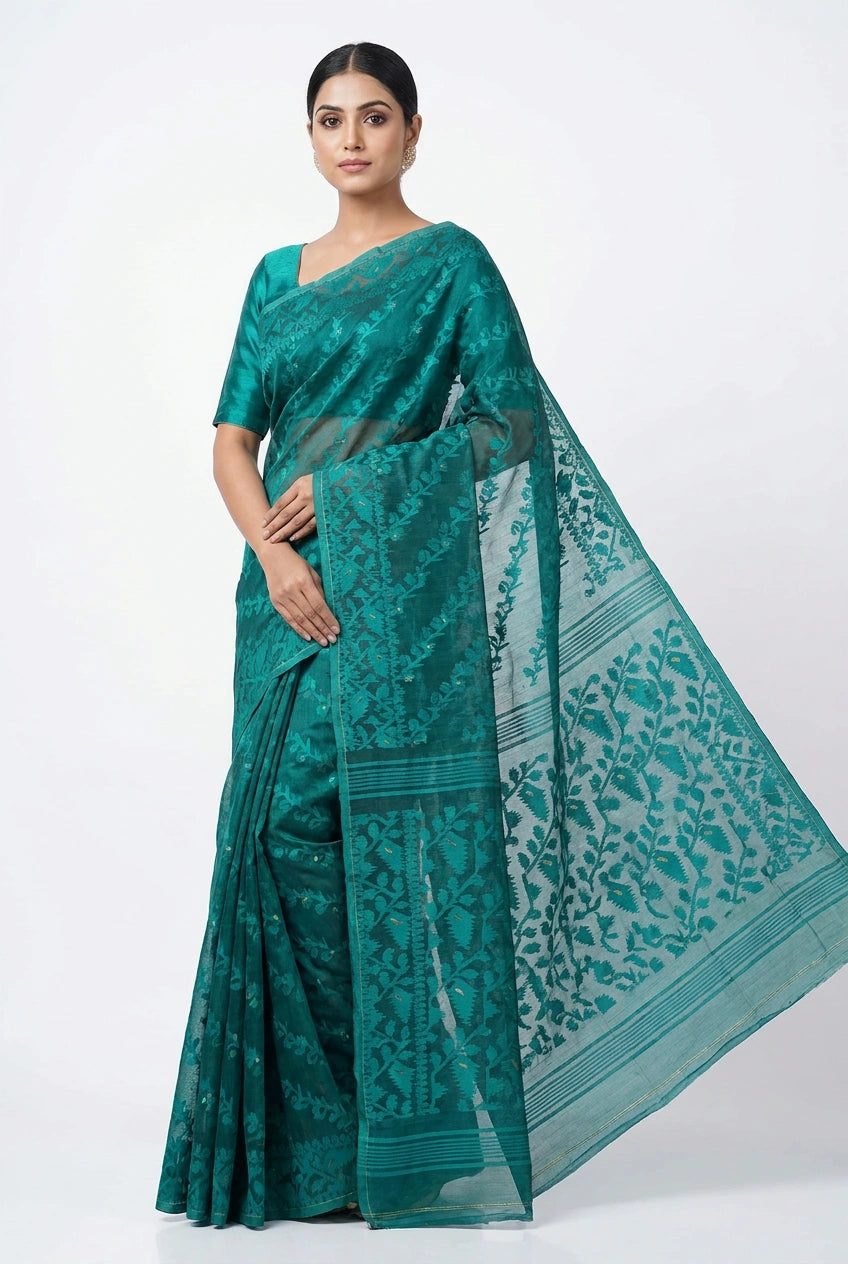 Woman wearing a teal saree with a white background