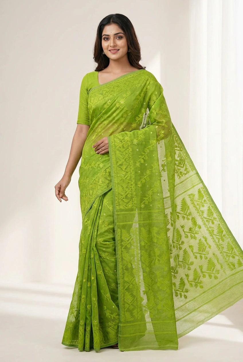 Woman wearing a green saree with a white background
