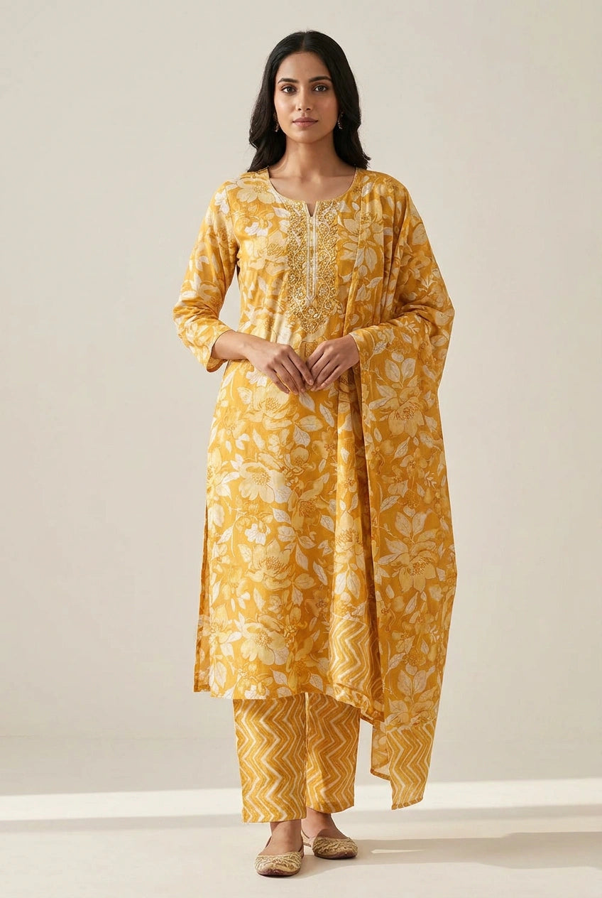Cotton Straight Suit with Schiffli Lace for Daily Office Wear